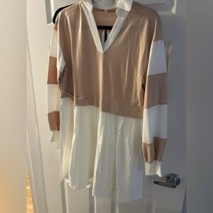 Two-Tone Cream and Beige Mini Dress with Collared V-Neck